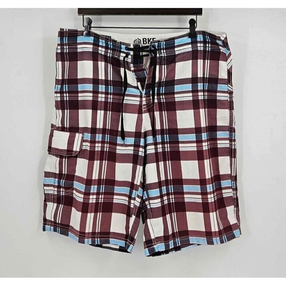 BKE Sport Athletic Fit Plaid Board Shorts Tie Waist Side Leg Pocket Sz 34